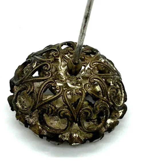 Antique Victorian Hat Pin Clear Paste Rhinestone Domed Top Filigree Back 10" - Picture 13 of 16